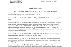 Joint circular No. 45/2015/TTLT-BNNPTNT-BKHCN on labeling of prepacked genetically modified foods