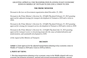 Decision 2054/QĐ-TTg granting approval transporation planning in key economic zones in Middle of Vietnam