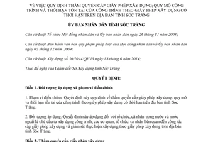 Quyết định 39/2015/QĐ-UBND thẩm quyền cấp giấy phép xây dựng quy mô thời hạn tồn tại công trình Sóc Trăng