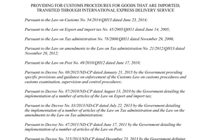 Circular No. 191/2015/TT-BTC procedures goods imported transited through international express delivery