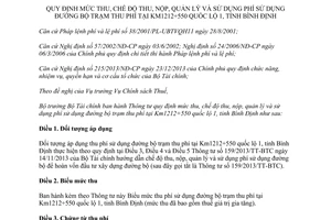 Thông tư 192/2015/TT-BTC mức thu chế độ thu nộp quản lý sử dụng phí đường bộ trạm thu phí Bình Định