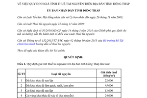 Quyết định 56/2015/QĐ-UBND định giá tính thuế tài nguyên Đồng Tháp