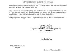 Thông báo 16/2016/TB-LPQT hiệu lực công hàm hiệp định tránh đánh thuế hai lần Việt Nam Nhật Bản 2016