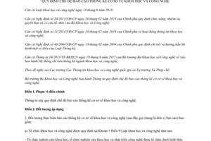 Thông tư 25/2015/TT-BKHCN chế độ báo cáo thống kê cơ sở khoa học công nghệ