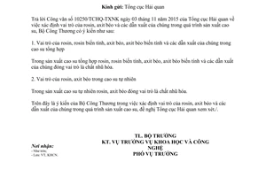 Công văn 11963/BCT-KHCN xác định vai trò rosin axit béo các dẫn xuất của chúng trong quá trình sản xuất cao su