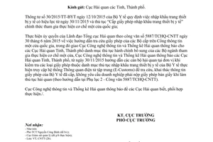 Công văn 1171/CNTT-CNTT bổ sung thủ tục bộ y tế tham gia cơ chế một cửa quốc gia 2015