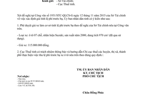 Công văn 729/UBND-KTTH giá tính lệ phí trước bạ xe ô tô Đồng Tháp 2015