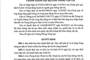 Quyết định quản lý sử dụng trang thông tin điện tử thanh tra bộ giao thông vận tải trên mạng Internet