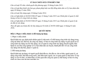 Quyết định 03/2016/QĐ-UBND trách nhiệm quản lý chất lượng công trình xây dựng Bến Tre