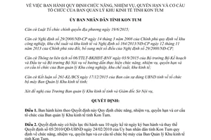 Quyết định 03/2016/QĐ-UBND chức năng nhiệm vụ quyền hạn tổ chức của Ban quản lý Khu kinh tế Kon Tum