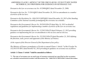 Circular No. 12/2016/TT-BTC amending providing for guidance on severance tax