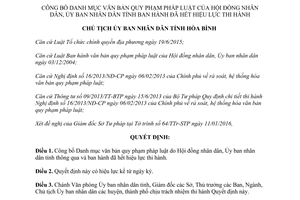 Quyết định 113/QĐ-UBND công bố Danh mục văn bản quy phạm pháp luật hết hiệu lực thi hành Hòa Bình