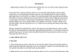 Kế hoạch 52/KH-BCĐTUVSATTP thanh tra kiểm tra an toàn thực phẩm 2016