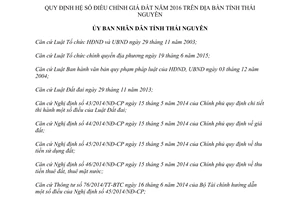 Quyết định 07/2016/QĐ-UBND hệ số điều chỉnh giá đất Thái Nguyên