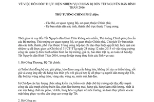 Công điện số 144/CĐ-TTg đôn đốc thực hiện nhiệm vụ chuẩn bị đón Tết Nguyên đán Bính Thân 2016
