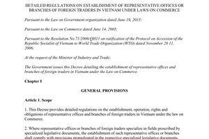 Decree No.07/2016/ND-CP establishment representative offices branches foreign traders Vietnam 2016