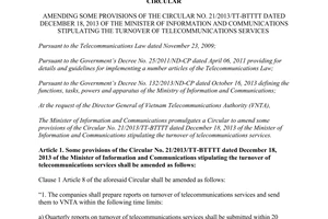 Circular No. 01/2016/TT-BTTTT amending stipulating the turnover of telecommunications services