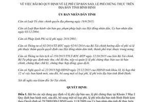 Quyết định 04/2016/QĐ-UBND bãi bỏ quy định lệ phí cấp bản sao chứng thực Bình Định 2016