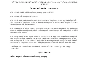 Quyết định 13/2016/QĐ-UBND hệ số điều chỉnh giá đất Nghệ An