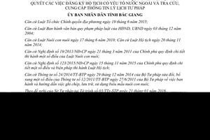 Quyết định 73/2016/QĐ-UBND sửa đổi 220/2014/QĐ-UBND đăng ký hộ tịch yếu tố nước ngoài Bắc Giang