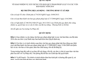 Quyết định 137/QĐ-LĐTBXH giao nhiệm vụ xây dựng văn bản quy phạm pháp luật các văn bản khác 2016