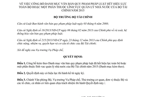 Quyết định 212/QĐ-BTC danh mục văn bản quy phạm pháp luật hết hiệu lực quản lý nhà nước 2016
