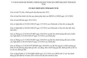 Quyết định 04/2016/QĐ-UBND hệ số điều chỉnh giá đất năm 2016 Kon Tum