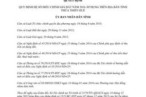 Quyết định 10/2016/QĐ-UBND quy định hệ số điều chỉnh giá đất áp dụng Thừa Thiên Huế 2016