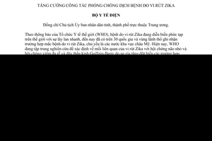 Công điện 77/CĐ-BYT tăng cường công tác phòng chống dịch bệnh do vi rút Zika