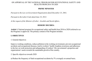 Decision No. 05/QD-TTg apporval national program occupational safety health 2016
