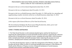 Decree 01/2016/NĐ-CP prescribing functions duties power organizational structure Viet Nam Social Security