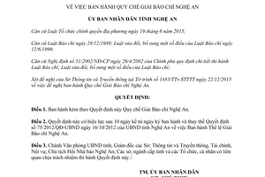 Quyết định 05/2016/QĐ-UBND quy chế giải báo chí Nghệ An