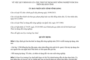 Quyết định 01/2016/QĐ-UBND quy định giá lúa thu thuế sử dụng đất nông nghiệp 2016 Vĩnh Long