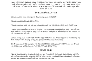 Quyết định 01/2016/QĐ-UBND đơn giá bồi thường  khi Nhà nước thu hồi đất trên địa bàn tỉnh Hà Tĩnh