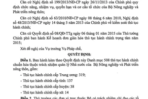 Quyết định 63/QĐ-BNN-PC danh mục thủ tục hành chính chuẩn hóa 2016
