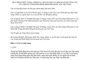 Thông tư 03/2016/TT-BQP chức năng quyền hạn của Trung tâm Hành động bom mìn quốc gia