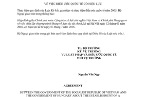 Thông báo 38/2016/TB-LPQT hiệu lực Hiệp định thiết lập khung hợp tác tài chính Việt Nam Hung-ga-ri