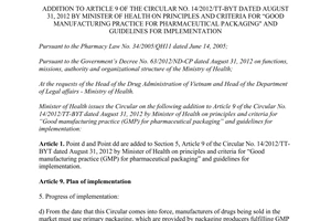 Circular 02/2016/TT-BYT addition Article 9 14/2012/TT-BYT good manufacturing pharmaceutical packaging
