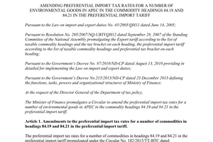 Circular No. 05/2016/TT-BTC amending preferential import tax rates environmental goods in APEC 2016