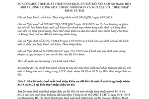 Thông tư 05/2016/TT-BTC sửa đổi mức thuế suất thuế nhập khẩu ưu đãi hàng hóa môi trường