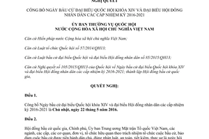 Nghị quyết 1129/2016/UBTVQH13 công bố ngày bầu cử đại biểu Quốc hội khóa XIV hội đồng nhân dân