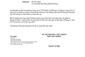 Công văn 629/VPCP-KTTH xử lý nợ thuế của Công ty Trách nhiệm hữu hạn Vĩnh Thắng