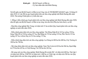 Công văn 173/TTg-KTN điều chỉnh quy hoạch phát triển các khu công nghiệp Bình Dương