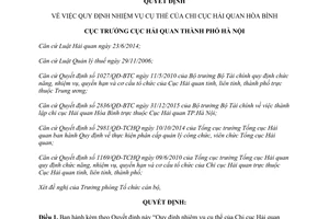Quyết định 165/QĐ-HQHN nhiệm vụ cụ thể của chi cục hải quan Hòa Bình Hà Nội 2016
