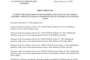 Joint Circular 03/2016/TTLT-BTP-BNG-BCA-BLDTBXH supervision protection children adopted overseas