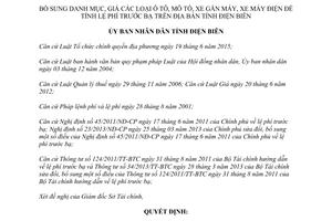 Quyết định 01/2016/QĐ-UBND bổ sung danh mục giá ô tô mô tô xe gắn máy tính lệ phí trước bạ Điện Biên