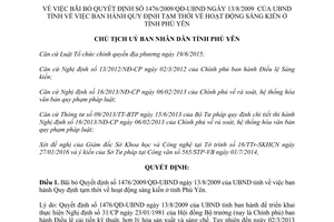 Quyết định 435/QĐ-UBND bãi bỏ 1476/2009/QĐ-UBND tạm thời hoạt động sáng kiến Phú Yên 2016