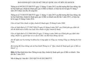 Văn bản hợp nhất 01/VBHN-BGTVT quy chuẩn kỹ thuật quốc gia bến xe khách 2016