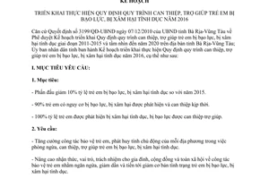 Kế hoạch 19/KH-UBND trợ giúp trẻ em bị bạo lực xâm hại tình dục Bà Rịa Vũng Tàu 2016