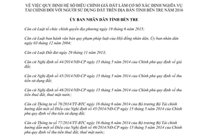 Quyết định 11/2016/QĐ-UBND hệ số điều chỉnh giá đất xác định nghĩa vụ tài chính Bến Tre